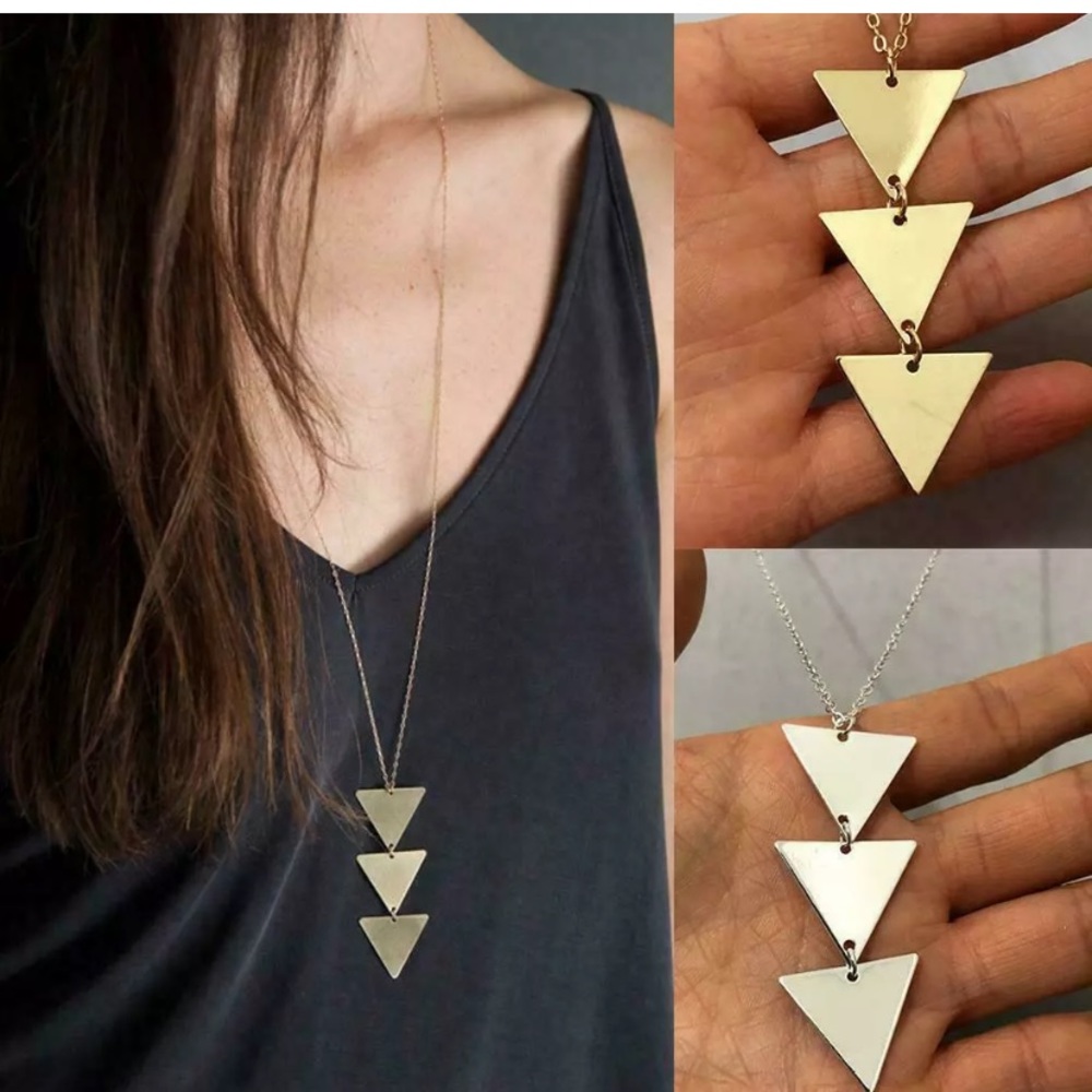 Geometric Triangle Pendant Long ChainNecklace - Picture 2 of 4